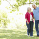 Elderly couple smiles at each other while walking in the park on a sunny day.