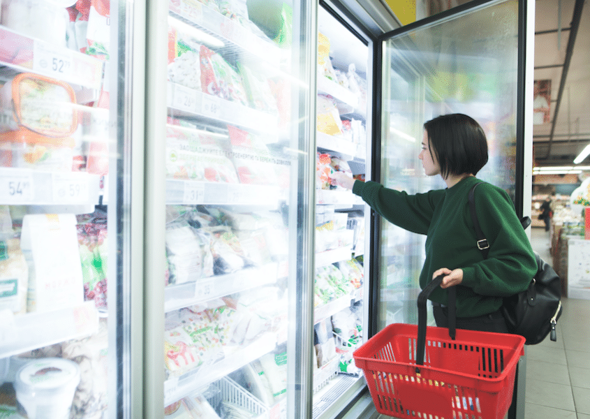 Woman reaches for frozen meal in grocery store